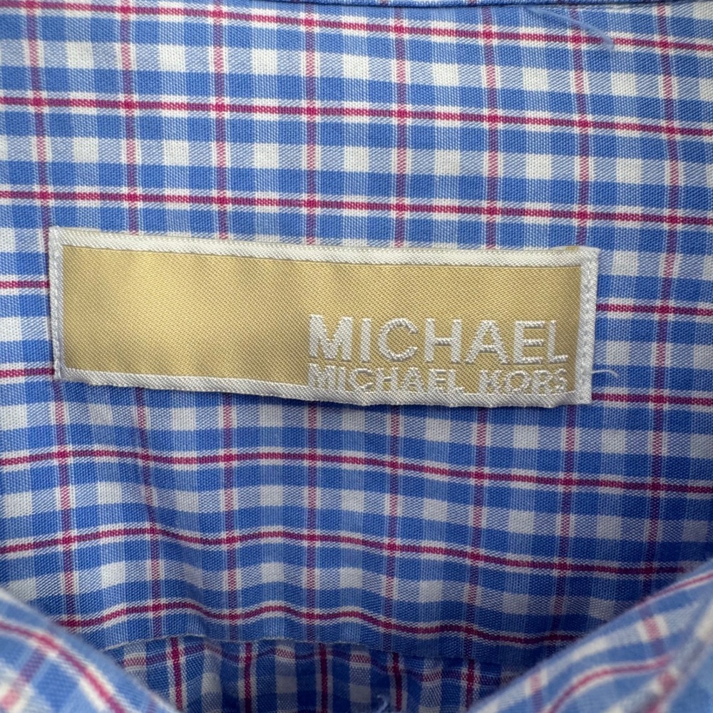 Michael Kors Mens Dress Shirt 17 34/35 Blue Red Plaid Long Sleeve - Picture 2 of 7